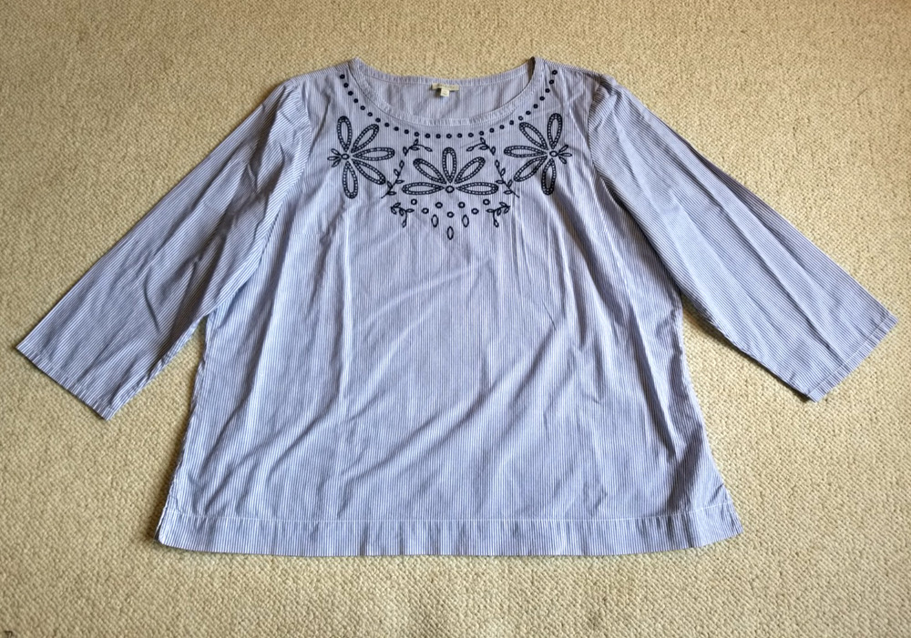 Womens Top-TALBOTS-blue/white striped cotton embroidered tunic Classic Preppy-XL